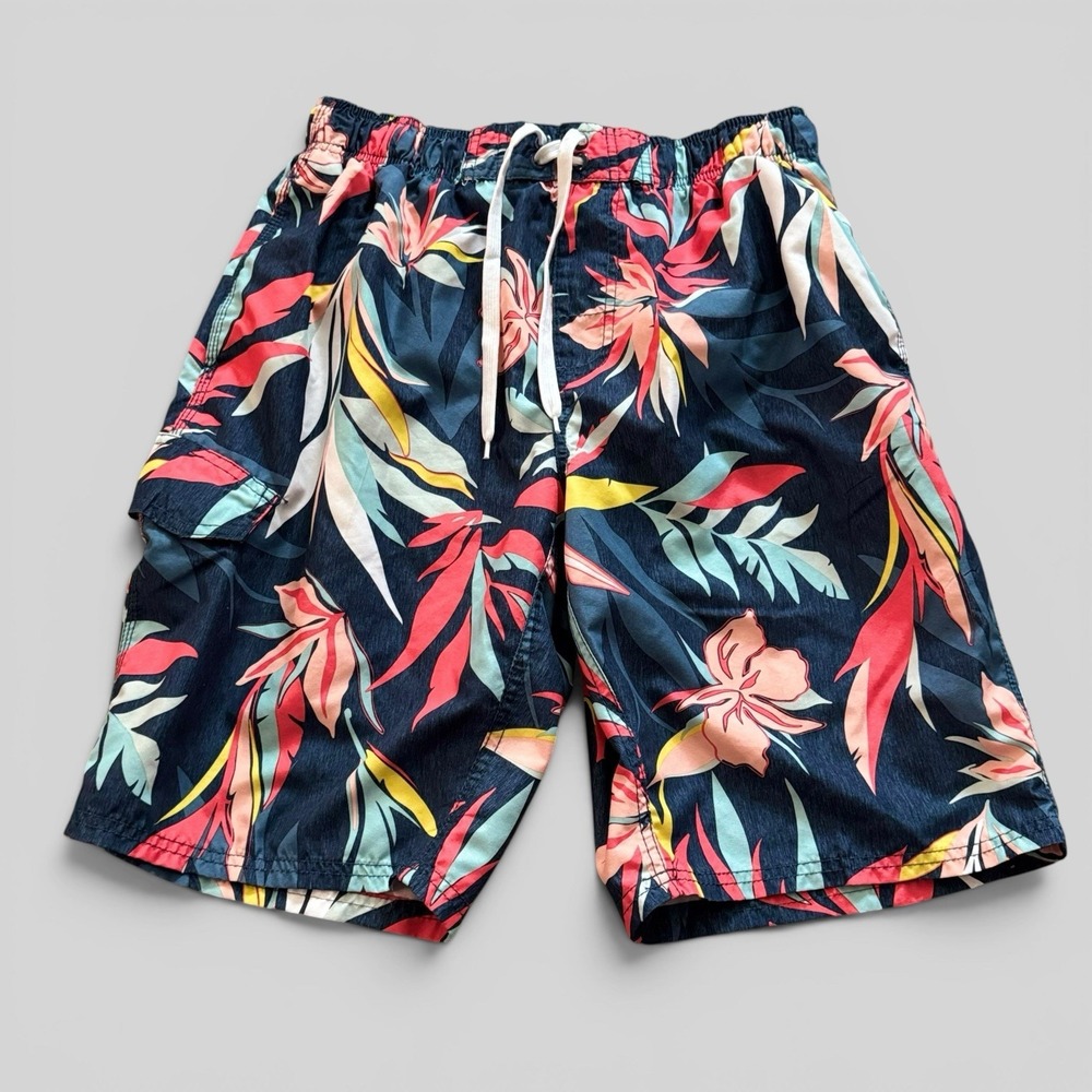 Tropical Swim Trunks Coastal Resort Surf Board Shorts Mesh Lined Navy Men's L